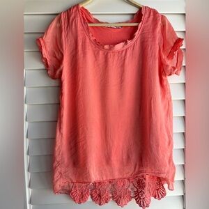 Nicole Coral Short Sleeve Lace-Hem Top